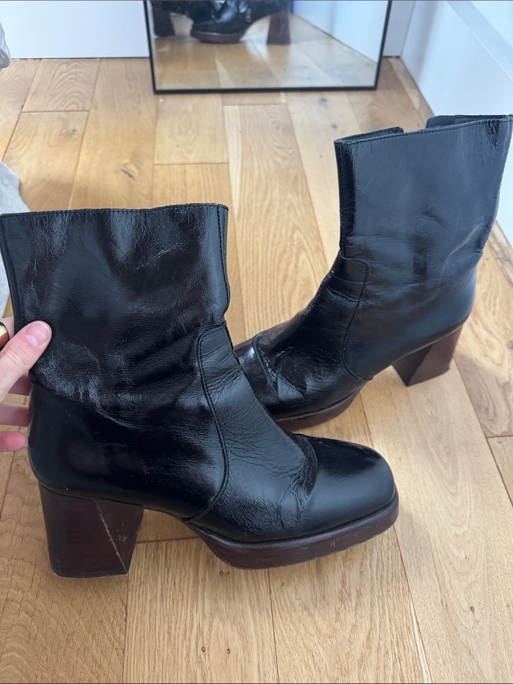 Black Leather Ankle Booties with Block Heel